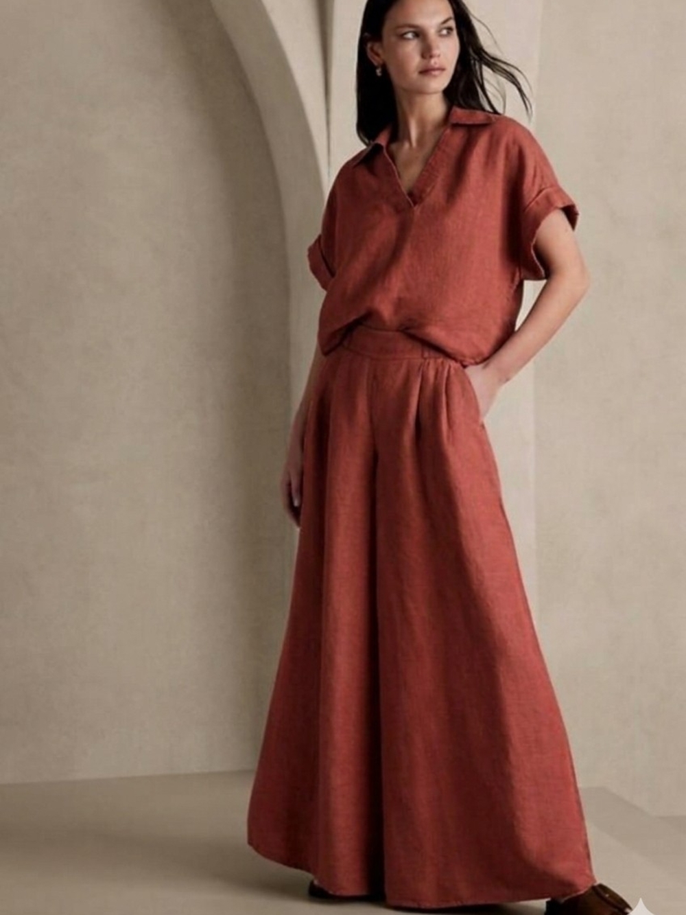 Banana Republic Minna Flax Linen Extra Wide-Leg Trousers in Rust Red Sz6 Tall